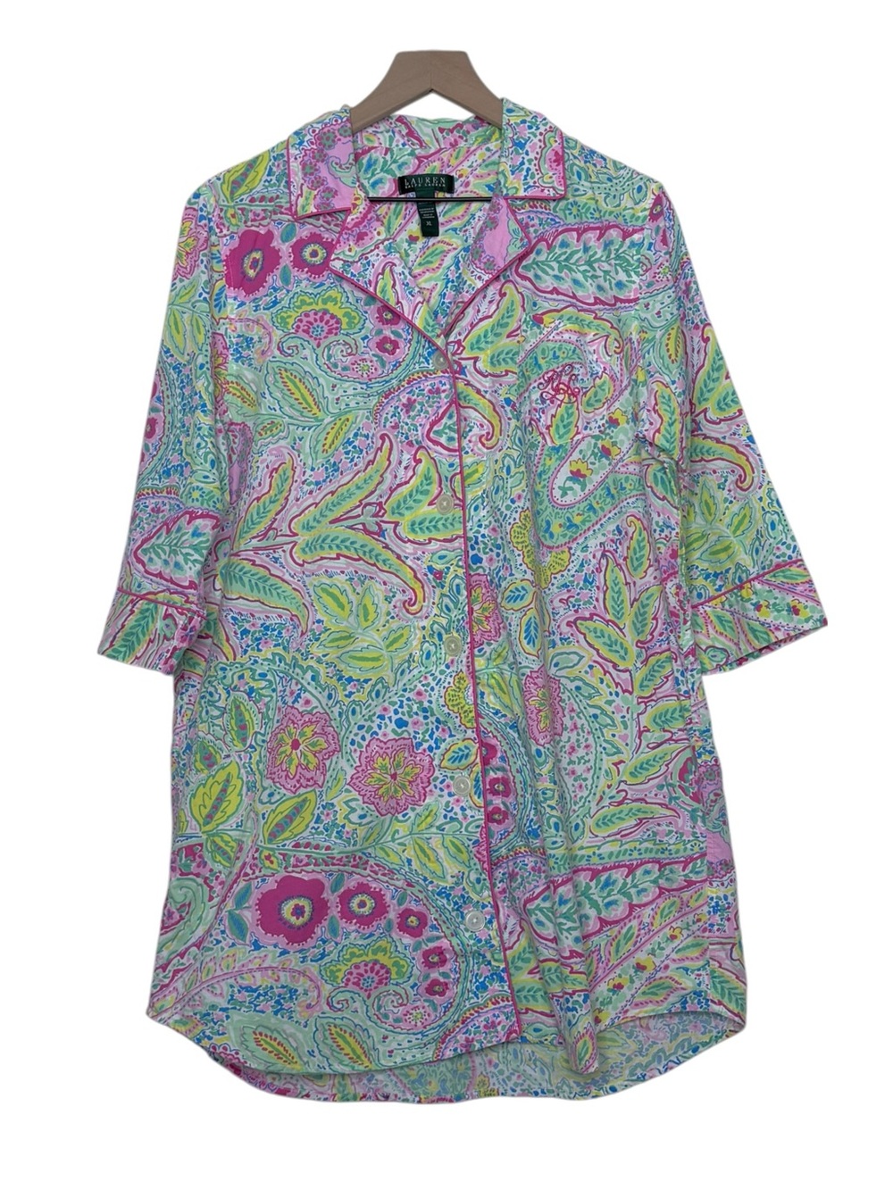 Lauren Ralph Lauren LRL XL Paisley Floral Bright Nightshirt Monogram Button Up